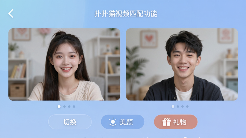 展示扑扑猫视频匹配功能的界面截图,屏幕上显示两个视频窗口,左边是年轻女性,右边是年轻男性,两人正在微笑聊天,界面底部有“切换”、“美颜”、“礼物”等按钮,背景是柔和的渐变蓝色,画质高清,干净,无多余元素。