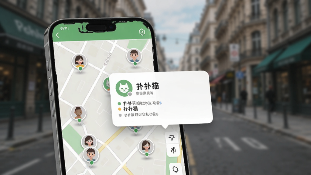 扑扑猫附近交友功能页面,手机地图上显示多个用户头像位置,点击其中一个头像弹出资料卡片,背景有模糊的街道实景,界面风格简约清新,以绿色和白色为主色调,画质清晰,干净,无多余元素。