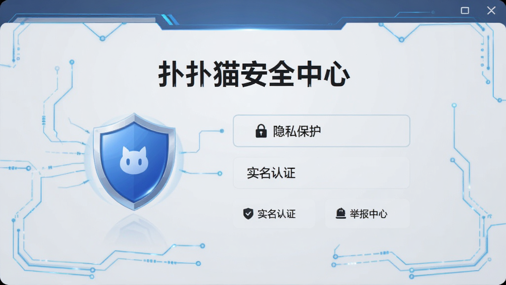 扑扑猫安全中心界面,展示盾牌图标和“隐私保护”、“实名认证”、“举报中心”等选项,背景为浅灰色,带有蓝色科技线条装饰,整体风格严肃专业,画质干净,无多余元素。