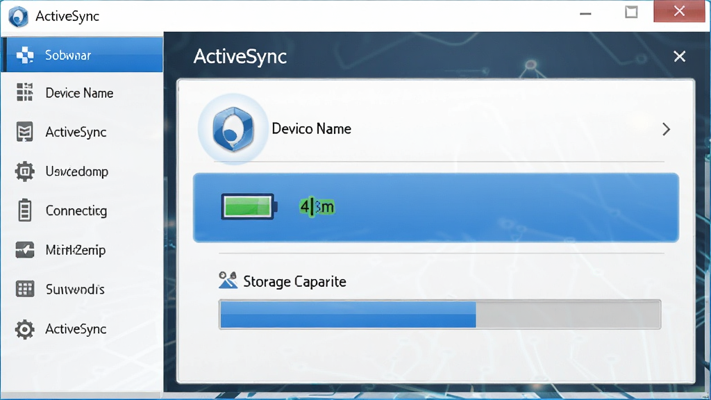 主体:ActiveSync软件运行界面,显示USB连接成功后的设备信息面板,包括设备名称、电池电量图标和存储容量条。布局:面板位于界面中央,左侧为功能导航菜单。排版:信息采用列表式排列,图标与文字结合。风格:科技感商务风格,蓝色高亮显示连接状态。画质:细腻清晰,干净,无多余元素,设备区域标注“ActiveSync”