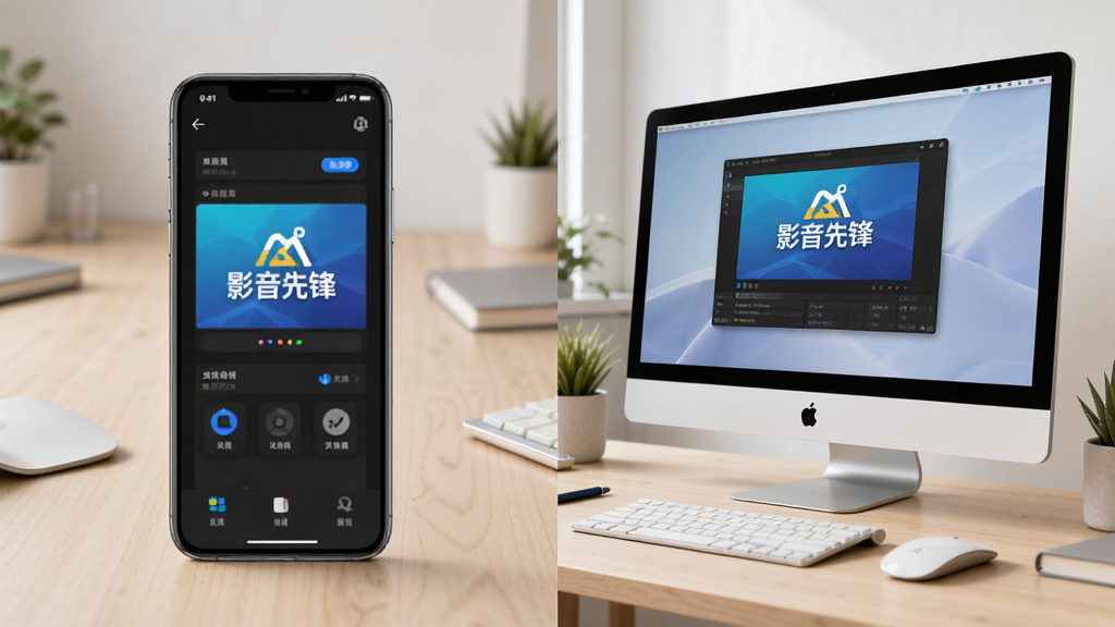 图片主体为影音先锋软件在手机和电脑上同时运行的场景,布局为左右分屏,左侧为手机界面,右侧为电脑界面,背景为浅色工作台,风格写实,细节清晰,画质高清干净,无多余元素。