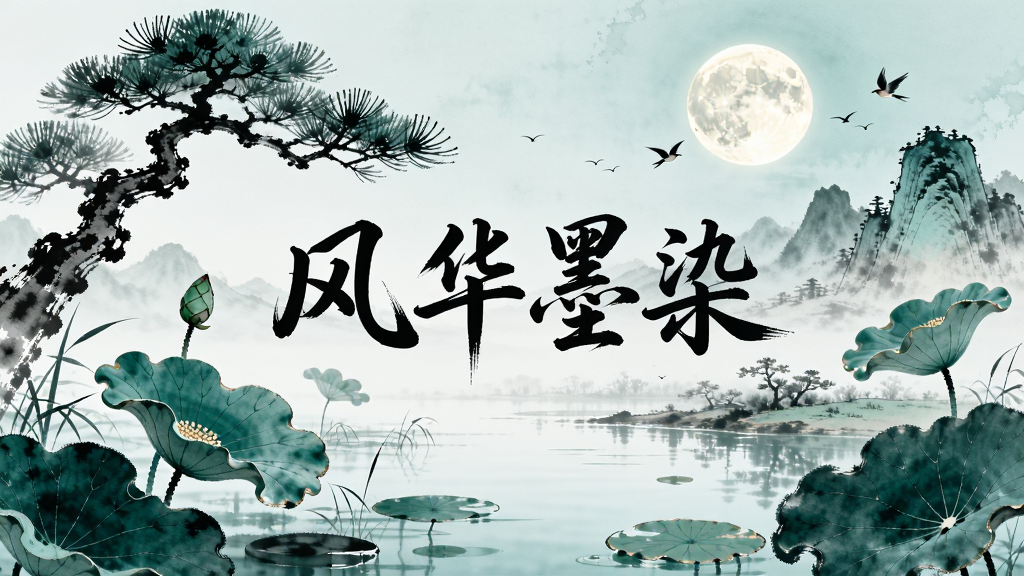 一幅描绘荷塘月色下松树与水墨山水画卷的国风插画,画面中央有“风华墨染”四个毛笔字,整体布局疏朗雅致,色调以青绿与墨色为主,风格写意唯美,细节包含荷叶、松枝、明月与飞鸟,画质高清干净,无多余元素