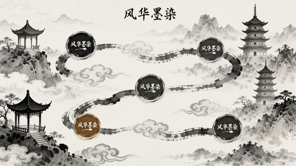展示风华墨染App的关卡选择地图,以水墨山水画为背景,路径上分布着不同难度的关卡节点,节点上有“风华墨染”字样,布局错落有致,风格古典雅致,细节包含凉亭、宝塔、云雾,画质高清干净,无多余元素