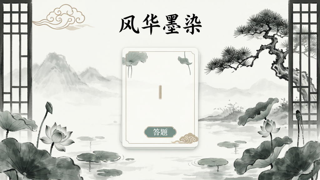 风华墨染App学习界面截图,背景为淡雅的水墨荷塘与松树,界面中央是答题卡片,顶部有“风华墨染”字样,布局简洁清晰,风格清新雅致,细节体现中国风元素如云纹、窗棂,画质细腻干净,无多余元素