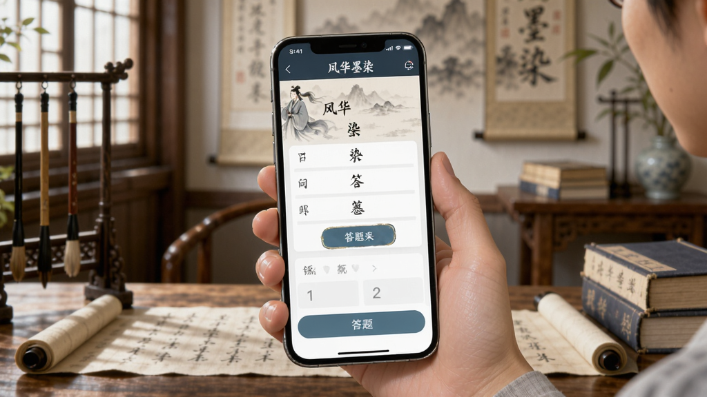 一位用户手持手机使用风华墨染App,背景为古风书房,界面清晰显示答题画面,布局自然,风格写实与插画结合,细节包括屏幕中的“风华墨染”字样,画质干净明亮,无多余元素