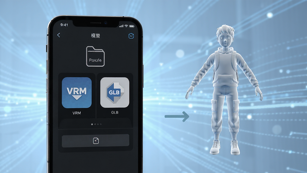 所见3D模型上传功能预览图,主体是手机屏幕显示文件选择界面,包含VRM和GLB格式图标,旁边有一个正在导入的3D角色半透明预览,背景为淡蓝色科技感光效,排版简洁,风格现代,细节清晰,画质干净