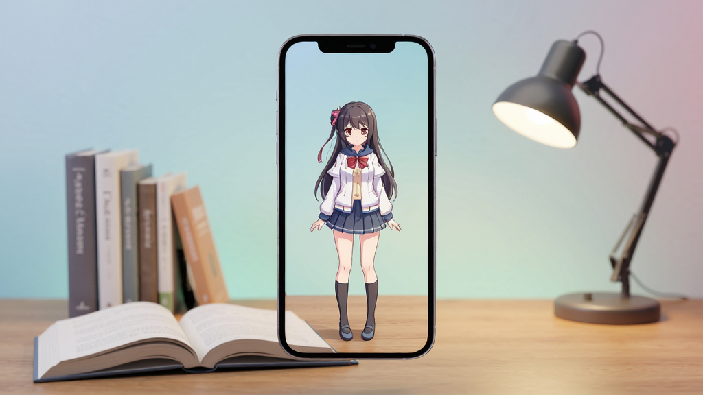 所见3D软件全貌预览图,主体为手机屏幕中显示一个二次元少女站在真实桌面上,周围有书本和台灯,手机悬浮在画面中央,背景为简洁的渐变色工作室环境,排版干净,风格清新,细节丰富,画质高清,干净无多余元素