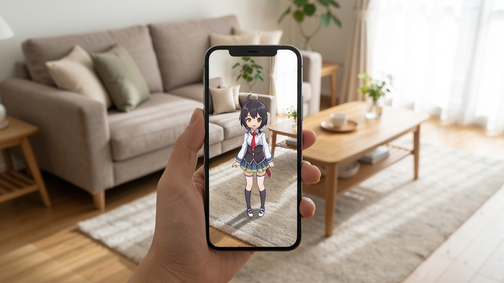 所见3D使用场景示意图,主体是用户手持手机对着客厅地面,手机屏幕中显示一个二次元角色站在地毯上,客厅有沙发和茶几,画面明亮自然,风格写实,细节丰富,画质高清,干净无多余元素