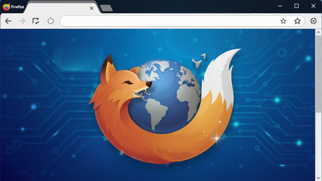 主体为Firefox浏览器界面特写,背景为渐变蓝色科技感风格,中央显示地球图标与狐狸尾巴元素,布局均衡,排版清晰,风格现代简约,细节丰富,画质高清,干净无多余元素