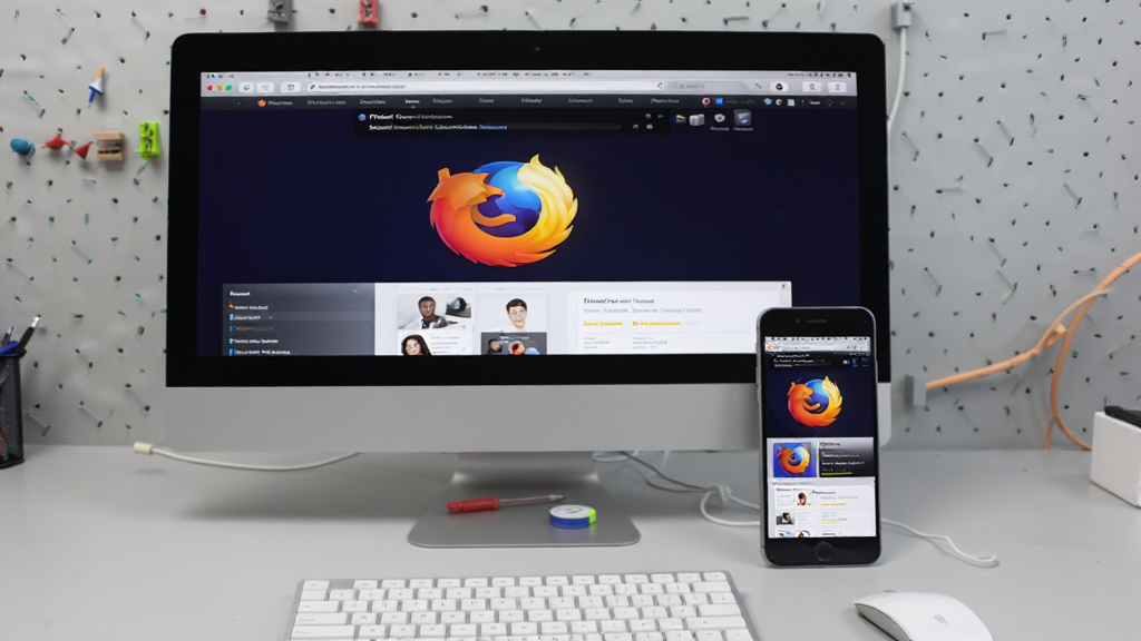 主体为电脑与手机并排显示Firefox界面,背景为浅灰工作台,布局直观,排版清晰,风格实用,细节真实,画质高,无多余元素