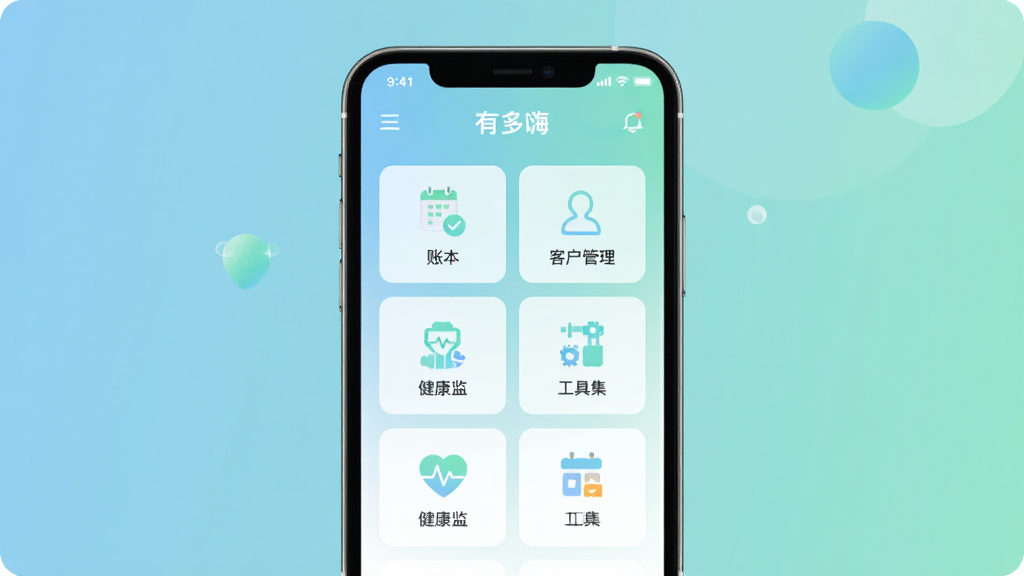 主视觉图,展示“有多嗨”APP界面全貌,采用智能手机竖屏布局,屏幕内以卡片形式整齐排列账本、客户管理、健康监测、工具集等核心功能图标,背景为柔和的蓝绿色渐变,风格简约现代,UI设计精致,画质干净,无多余元素