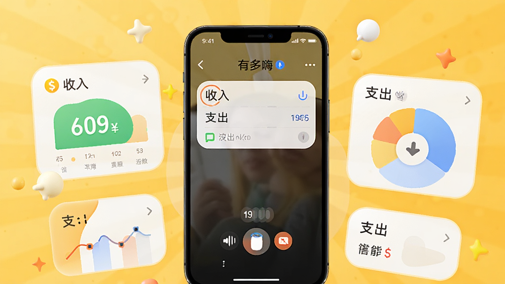展示“有多嗨”的智能记账功能,画面中央是一部手机,屏幕显示语音输入记账的界面,周围悬浮着收入与支出的分类图表,背景采用明亮的暖黄色调,配以圆润的UI元素,风格清新活泼,突出便捷与高效,画质干净,无多余元素
