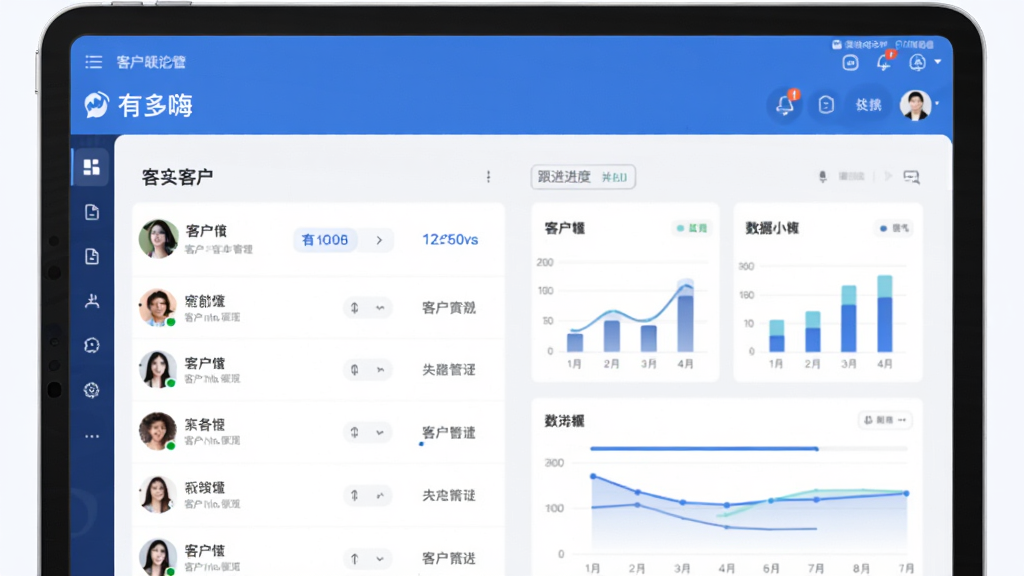 展示“有多嗨”客户管理界面,以平板电脑为背景,屏幕显示客户列表与跟进进度看板,画面采用商务蓝色调,包含头像、数据图表等元素,风格专业现代,布局清晰,画质干净,无多余元素