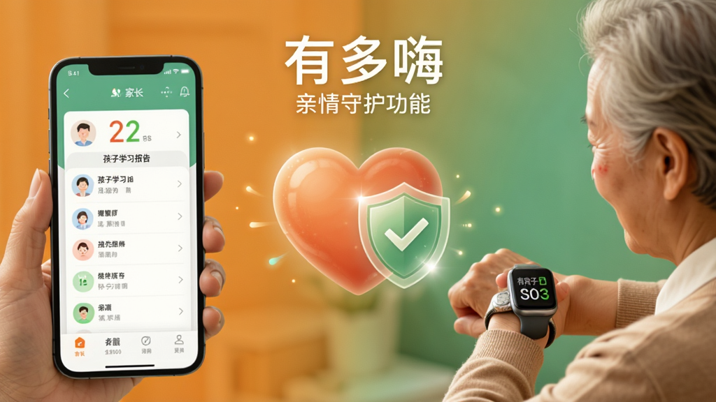 展示“有多嗨”亲情守护功能,画面左侧是家长手机界面显示孩子学习报告,右侧是老人佩戴智能手表,中间以爱心和盾牌元素连接,背景采用温暖的橙绿色调,风格温馨感人,画质干净,无多余元素