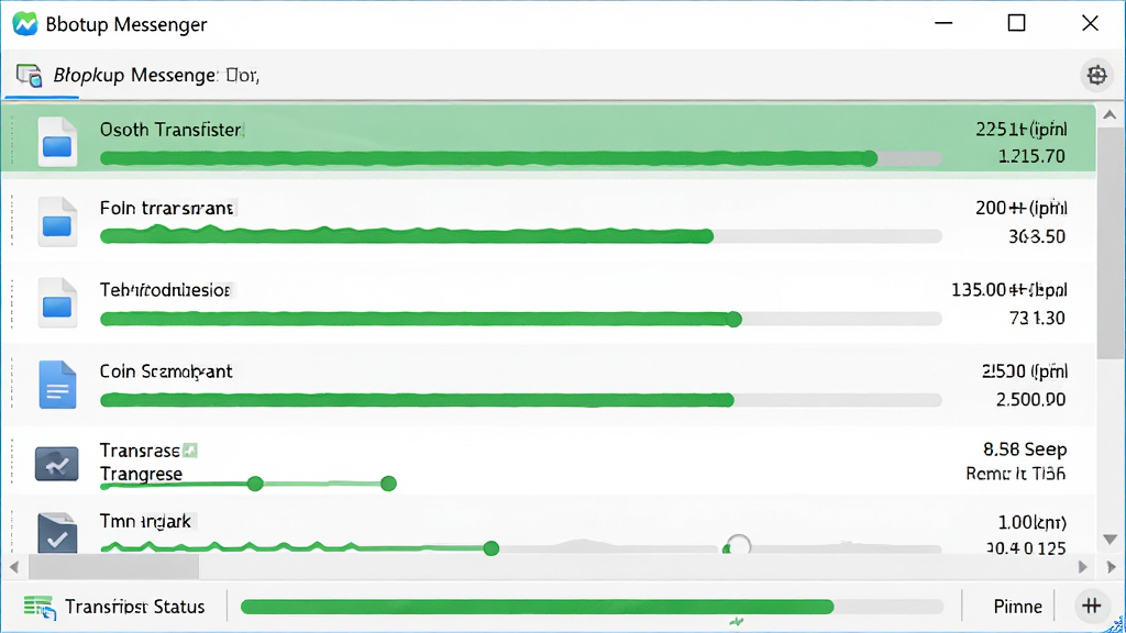 主体:Bopup Messenger文件传输窗口,显示文件列表与进度条。布局:窗口中央为文件队列,底部为传输状态栏。排版:信息层级分明,进度条清晰可见。风格:简约实用,绿色进度条表示传输中。细节:文件图标、传输速度、剩余时间。画质:高清,干净,无多余元素。