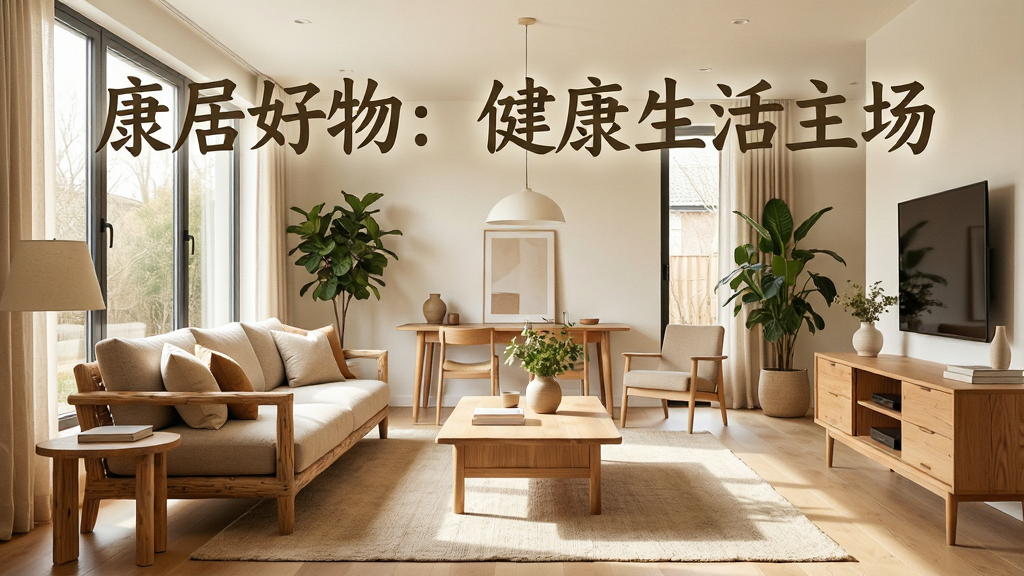 一张现代简约风格的家居环境全景图,主体为宽敞明亮的客厅,摆放着环保材质的沙发和原木家具,绿植点缀其间。布局采用开放式设计,自然光从大窗户洒入,整体色调温暖柔和。风格为高清室内摄影,细节展现家具的质感与纹理,画质干净通透,无多余人物,无多余元素。图片中可叠加艺术字标题“康居好物:健康生活主场”。
