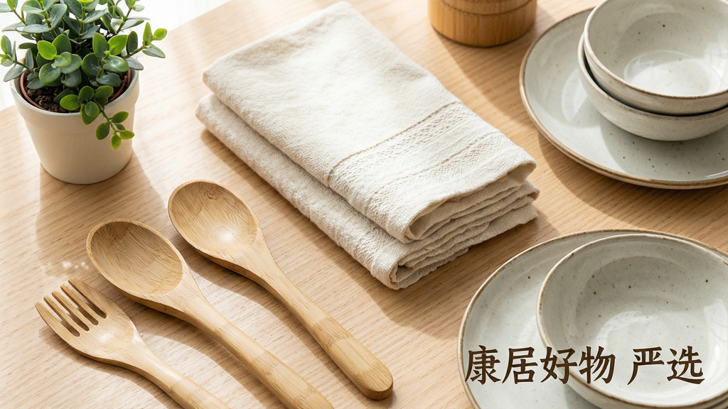 特写镜头展示一系列环保家居用品,如竹木质餐具、有机棉毛巾、陶瓷餐具,主体突出。布局以浅木色桌面为背景,物品错落有致排列,左上角放置小型绿植。风格为明亮清新的产品摄影,强调材质的天然纹理与柔和光影。画质细腻干净,无多余元素,图片角落以艺术字体标注“康居好物 严选”。