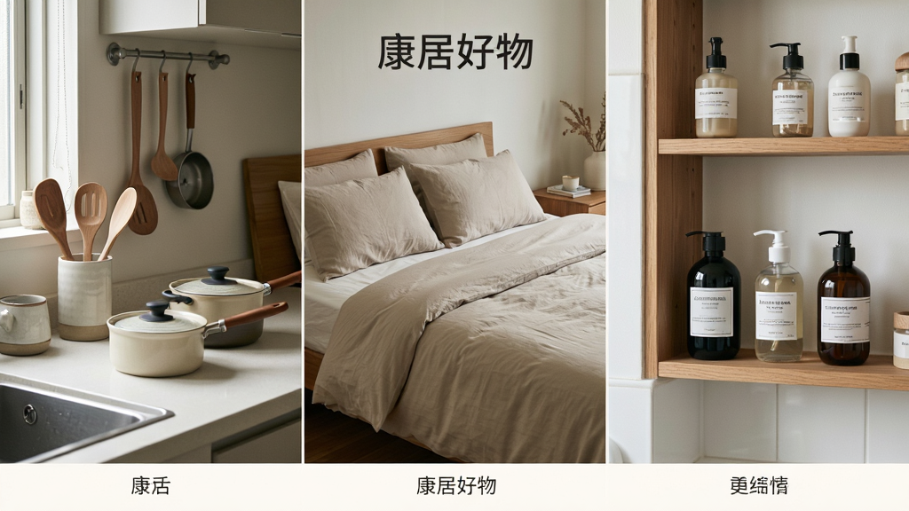 一幅展示不同生活空间局部场景的拼接图,主体为厨房台面上摆放的精致厨具、卧室床上铺设的素色床品、浴室架子上的洗护用品。布局采用三格画面,各自独立又和谐统一。风格为日式简约生活美学,光线柔和,细节丰富。画质干净舒适,无多余杂物,每格画面底部有对应空间的小字标签,整体上方有“康居好物”的品牌logo水印。