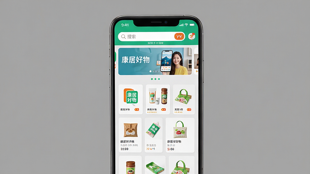 一部智能手机屏幕显示“康居好物”APP的首页界面,主体为干净整洁的商品列表页,上方是搜索栏和轮播图。布局清晰,商品卡片整齐排列,风格为扁平化UI设计,色彩明快。画质高清,细节展现界面图标的精致,背景为纯色,无多余元素,突出“康居好物”的软件界面预览。