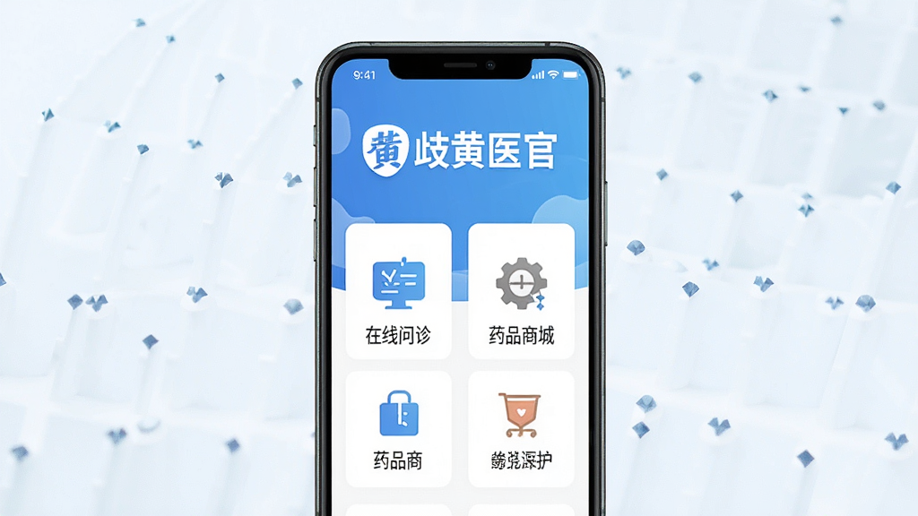 һ��չʾ���ҽ��APP���ֻ���Ļ�����еĽ����ͼ������������ʾ�����������ҩƷ�̳ǡ��Ⱥ��Ĺ���ģ�飬������������������ɫ�Ͱ�ɫΪ��ɫ���������ɾ���ͻ��APP���ơ����ҽ�١���Logo�����ʸ��壬�޶���Ԫ�ء�