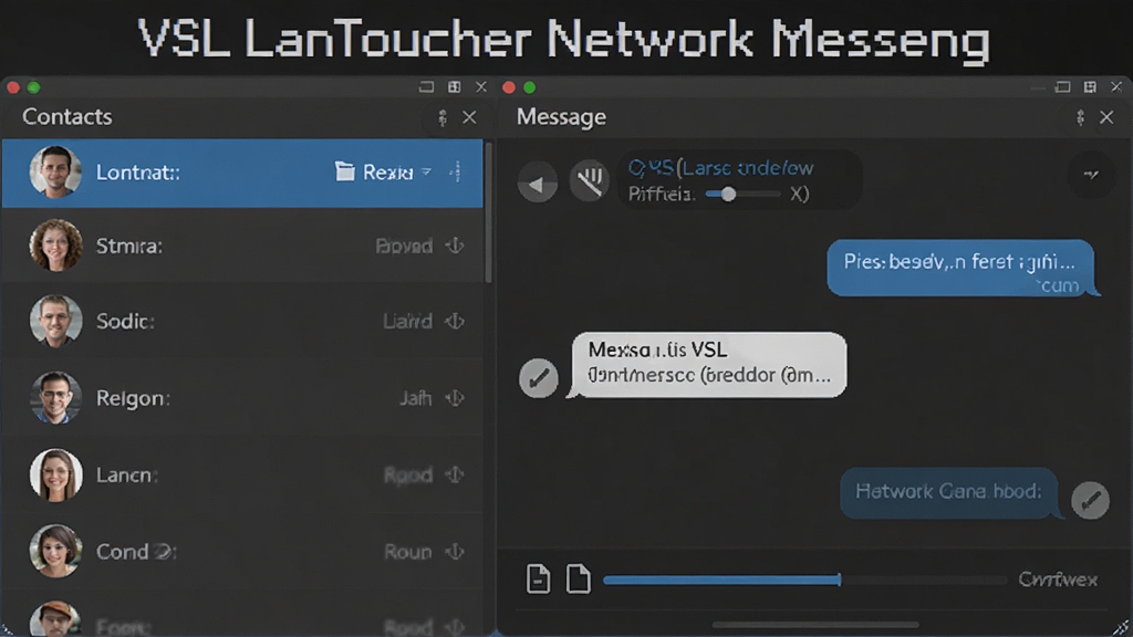 主体:VSL LanToucher Network Messeng软件界面展示,界面简洁,包含联系人列表和消息对话框,布局清晰,排版规整,风格为现代扁平化设计,细节包括聊天气泡、文件传输进度条,画质高清,干净,无多余元素,图片中文字标注