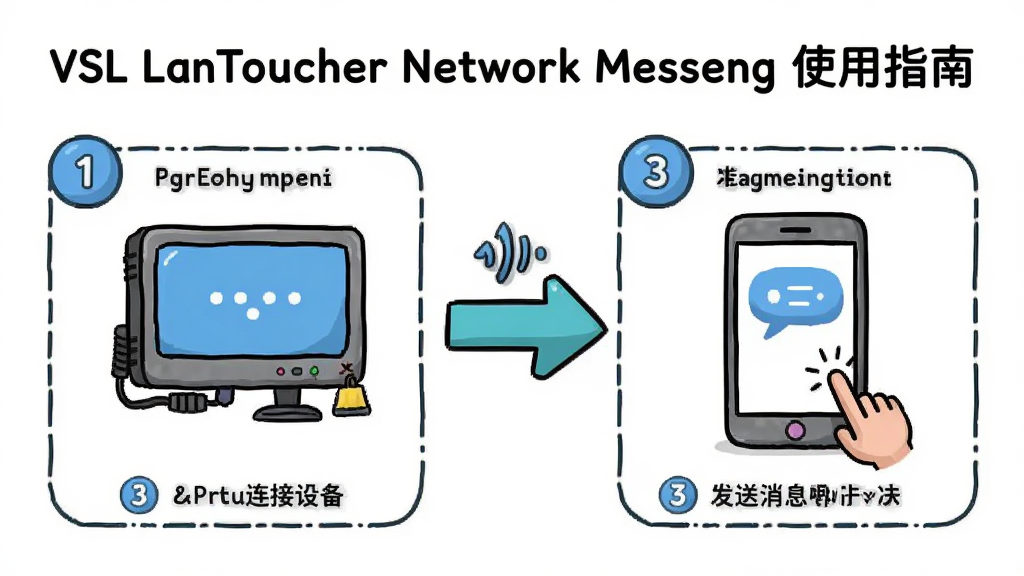主体:软件使用教程示意图,展示连接设备和发送消息的步骤,布局为流程图,排版清晰,风格卡通,细节包括箭头指示和步骤编号,画质高清,干净,无多余元素,图片中文字标注