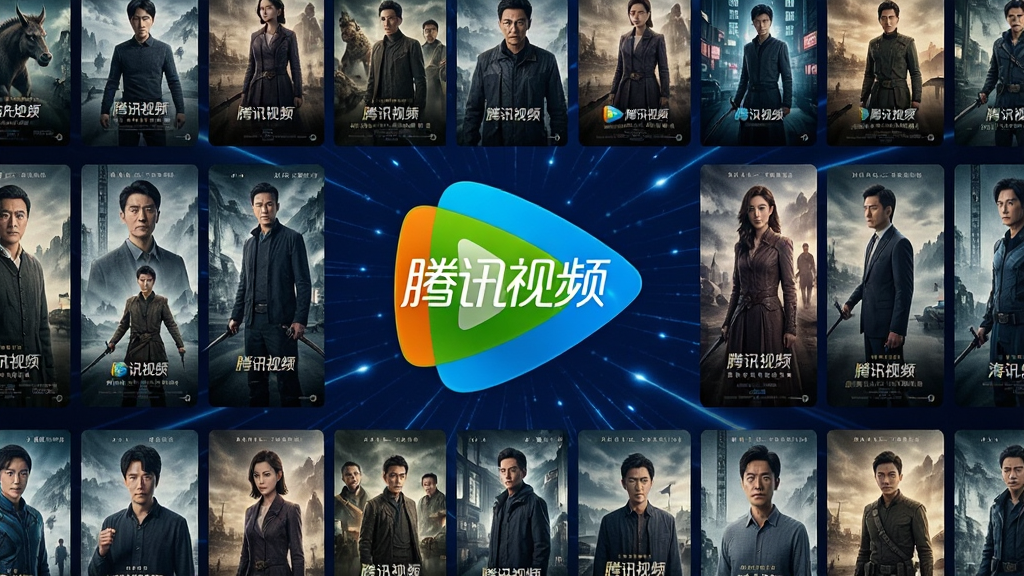 一张展示腾讯视频海量内容库的拼贴画,画面由多个影视剧海报缩略图组成矩阵,中央位置有“腾讯视频”品牌标志,背景为深蓝色科技感光效,整体布局饱满有序,风格现代数字感,细节丰富,画质清晰干净,无多余元素。