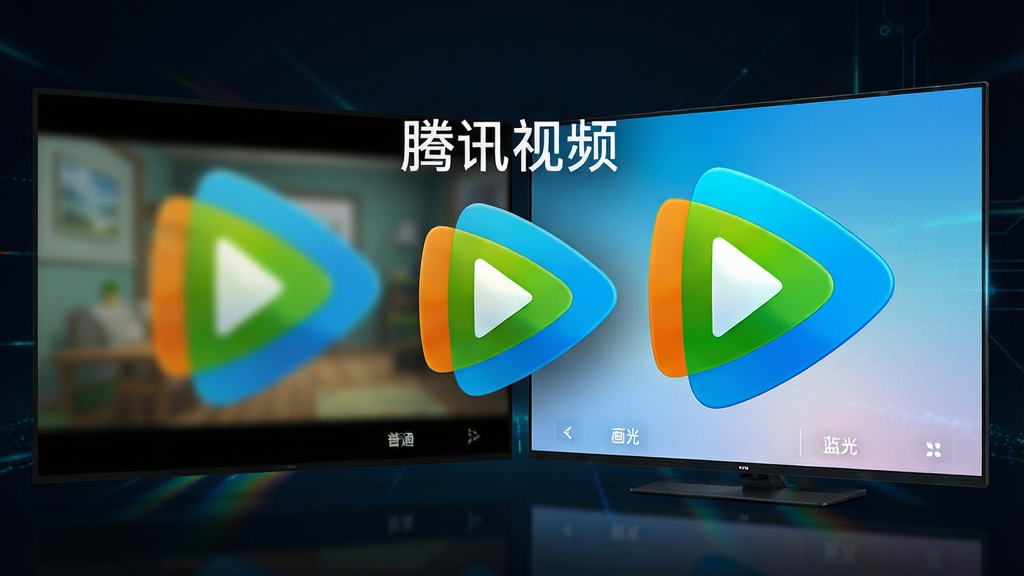 一张展示腾讯视频高清画质对比的画面,左侧为模糊的普通画质,右侧为鲜艳锐利的蓝光画质,中央悬浮着“腾讯视频”字样与播放图标,背景为暗色渐变,突出屏幕光影效果,风格科技感强,细节考究,画质极佳,干净无多余元素。