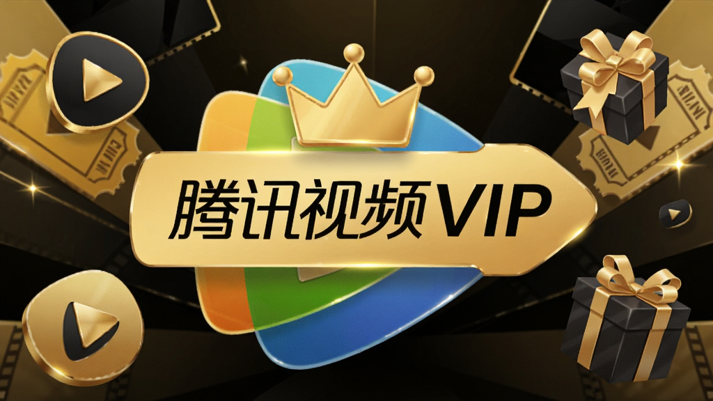 一张展示腾讯视频会员特权的宣传画面,背景为金色与黑色搭配,中央有“腾讯视频VIP”字样和皇冠图标,周围点缀播放按钮、电影票、礼盒等元素,风格高端大气,构图中心对称,细节奢华,画质锐利干净,无多余元素。