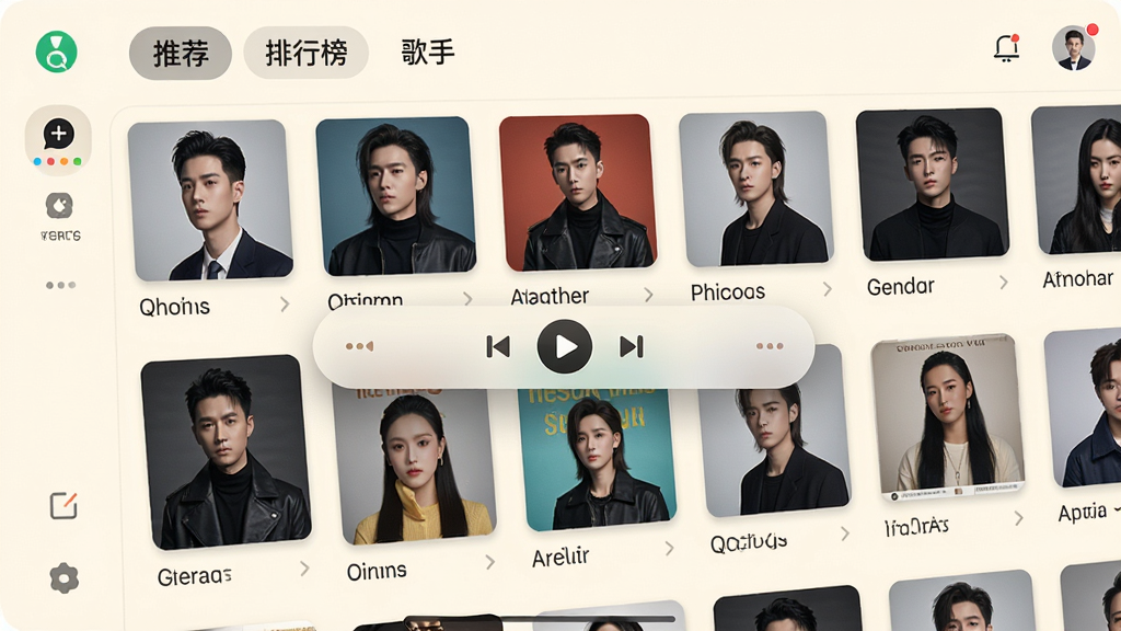 QQ音乐曲库界面,屏幕展示歌手专辑墙,封面排列整齐,界面采用浅色背景与圆角卡片设计,顶部标签分类如“推荐”“排行榜”“歌手”,中央悬浮播放条,风格清新明亮,细节丰富,画质干净