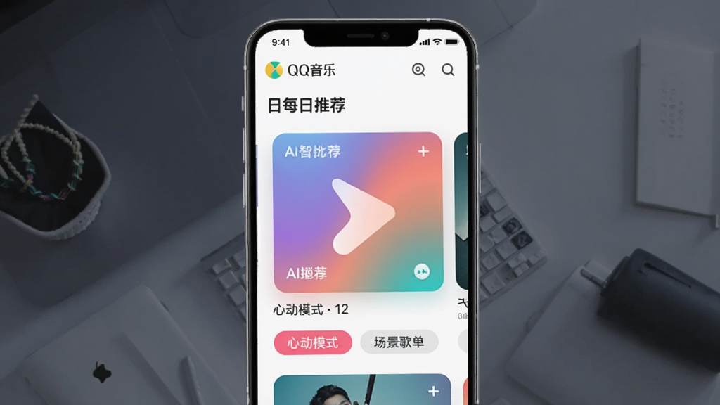 QQ音乐智能推荐页面,手机竖屏展示每日推荐歌单卡片,封面配以渐变色背景,下方有“心动模式”“场景歌单”标签,界面简洁时尚,突出AI推荐逻辑,画质通透,无杂乱元素