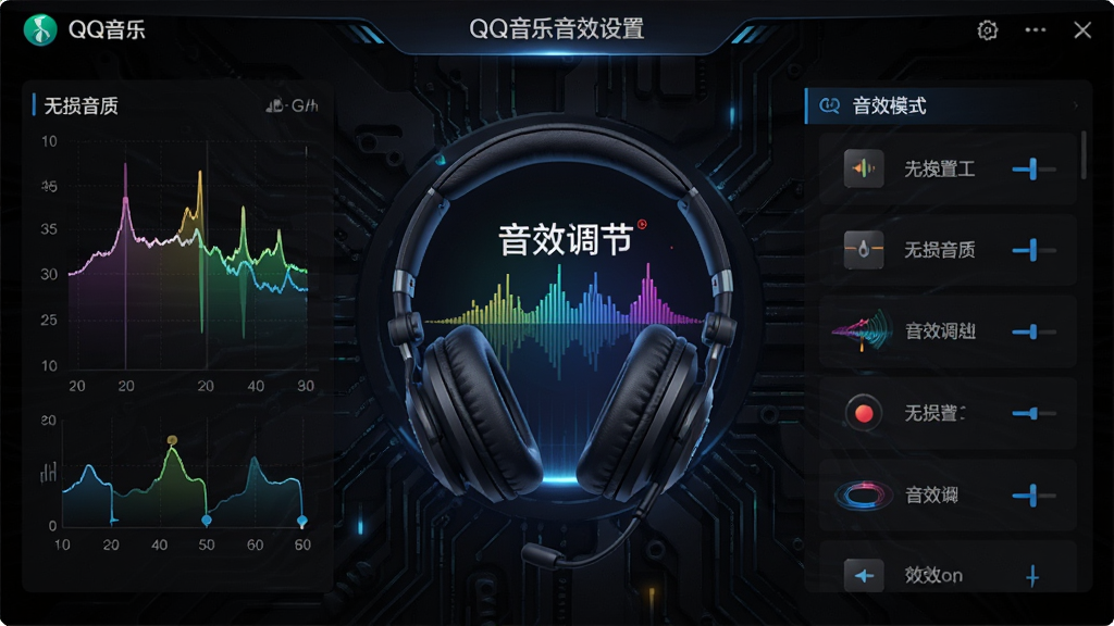 QQ音乐音效设置界面,展示均衡器波形图与音效模式列表,背景为深色科技感纹理,中央有耳机与频谱动态效果,界面炫酷,突出“无损音质”与“音效调节”,画质高清,元素整洁