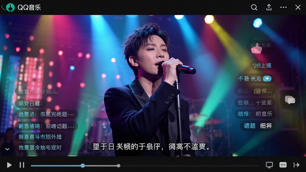 QQ音乐MV播放页面,全屏展示歌手演唱画面,画面色彩绚丽,舞台灯光效果,底部有歌词字幕与互动弹幕,界面以暗色为主,突出视频沉浸感,画质细腻,无多余UI干扰