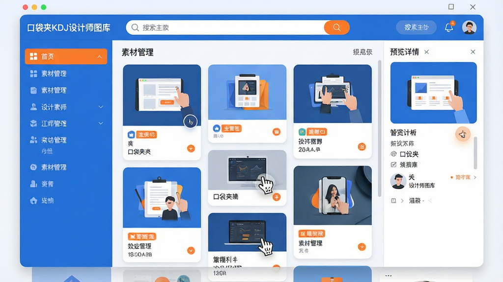 主体:一款名为“口袋夹KDJ设计师图库”的软件界面,展示其素材管理主页面。布局:左侧为分类导航栏,中间为瀑布流素材展示区,右侧为预览详情面板。排版:界面清晰,卡片式素材网格排列,顶部有搜索栏。风格:现代扁平化设计,主色调为蓝白搭配,辅以橙色点缀。细节:素材缩略图清晰,分类标签可见,鼠标悬停有预览效果。画质:高清,干净,无多余元素。