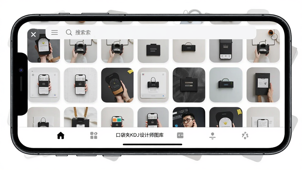 主体:展示“口袋夹KDJ设计师图库”软件在手机上的运行界面。布局:手机横屏显示,素材网格铺满屏幕。排版:底部有导航栏,顶部有搜索框。风格:移动端适配,圆角卡片设计。细节:手机边框可见,界面清晰,无多余元素。画质:高清,干净,无多余元素。