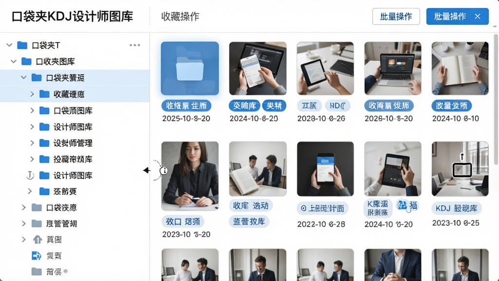 主体:展示“口袋夹KDJ设计师图库”的收藏夹管理界面,左侧为文件夹树状列表。布局:右侧为素材缩略图列表,顶部有批量操作按钮。排版:列表式布局,素材缩略图下方显示标签与日期。风格:商务简约风,白色背景,蓝色高亮。细节:文件夹可展开折叠,素材支持拖拽移动。画质:高清,干净,无多余元素。