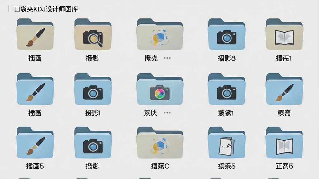 主体:展示“口袋夹KDJ设计师图库”的素材分类界面,包含多个文件夹图标。布局:网格状排列的分类图标,每个图标下方标注类别名称。排版:整齐有序,图标大小一致。风格:清新简洁,背景为浅灰色。细节:每个分类图标有代表性图案,如画笔代表插画,相机代表摄影。画质:高清,干净,无多余元素。