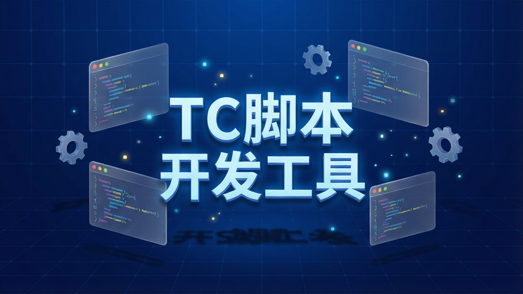 一幅现代科技感的三维渲染主视觉图,画面中央悬浮着发光的「TC脚本开发工具」字样,周围环绕半透明的代码窗口和齿轮图标,背景为深蓝色渐变网格,布局居中对称,排版简洁大气,风格为扁平结合微立体,细节包括光效粒子与投影,画质高清干净,无多余元素