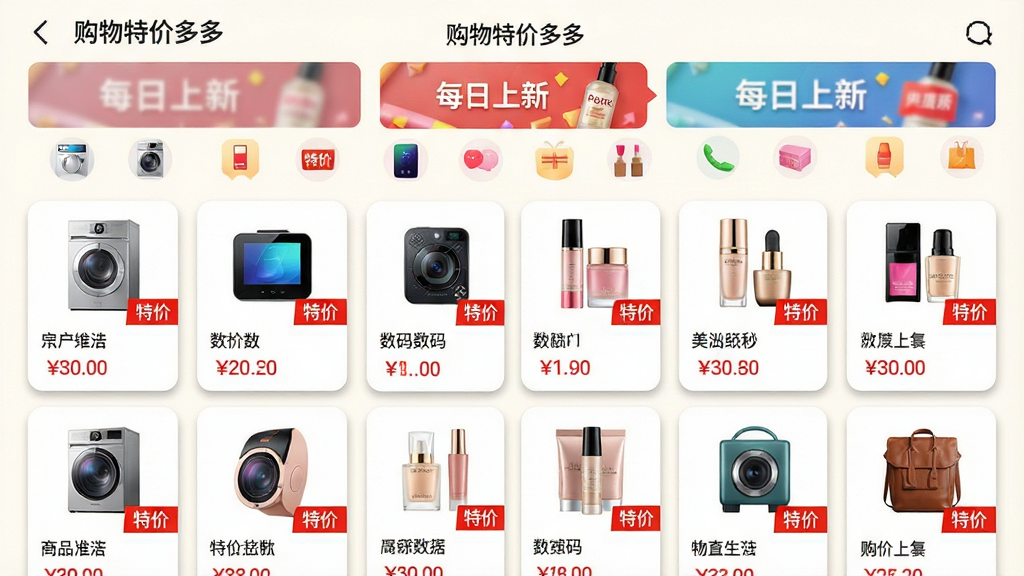主体:“购物特价多多”应用内的商品推荐页面,展示多种商品分类图标,包括家电、数码、美妆等;布局:手机竖屏显示,商品以网格形式排列,每个商品有图片、名称和价格标签,顶部有轮播横幅;排版:分类图标横向排列,商品卡片整齐有序;风格:清新电商风格,背景浅色,卡片带阴影;细节:每个商品下方有“特价”红色标签,横幅上有“每日上新”字样;画质:高清,色彩鲜艳,干净无多余元素