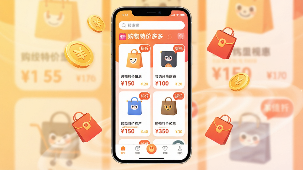 主体:一款名为“购物特价多多”的手机购物应用界面,屏幕显示着各类商品推荐和优惠信息,背景为暖色渐变;布局:手机居中,界面清晰展示商品图片、价格标签和折扣徽章,周围有悬浮的省钱金币和购物袋图标;排版:简洁明了,商品卡片整齐排列,价格醒目;风格:现代扁平化设计,色彩明亮活泼,搭配圆角元素;细节:界面顶部有搜索栏,底部有功能导航栏,金币和红包图标点缀;画质:高清渲染,干净无多余元素