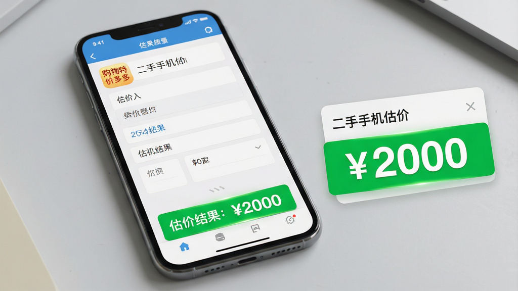 主体:二手手机估价界面,一部智能手机放在桌面,旁边显示估价结果;布局:手机屏幕占据主要位置,屏幕上有估价表单,下方显示“估价结果:2000”的醒目字样;排版:信息分层清晰,表单字段简洁,结果突出;风格:写实与UI结合,背景为浅灰色桌面;细节:手机模型带有“购物特价多多”应用图标,估价结果用绿色高亮;画质:高清细节丰富,干净无多余元素