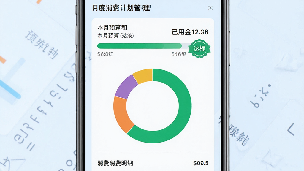 主体:月度消费计划管理界面,展示预算进度条和消费分类统计;布局:手机屏幕内,顶部显示本月预算和已用金额,中间为环形图表,底部为分类消费明细;排版:数据可视化清晰,颜色区分不同类别;风格:简洁商务风,背景浅蓝,图表色彩鲜艳;细节:进度条呈绿色,目标完成时显示“达标”徽章;画质:高清,干净无多余元素