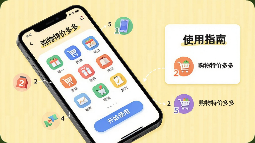 主体:一部手机显示“购物特价多多”应用的运行界面,旁边有“使用指南”文字卡片;布局:手机斜放,屏幕上有应用图标和“开始使用”按钮,周围有步骤数字标号;排版:步骤清晰,每步配有小图标;风格:现代插画风,背景淡黄;细节:步骤图标为圆形,颜色不同;画质:高清,干净无多余元素