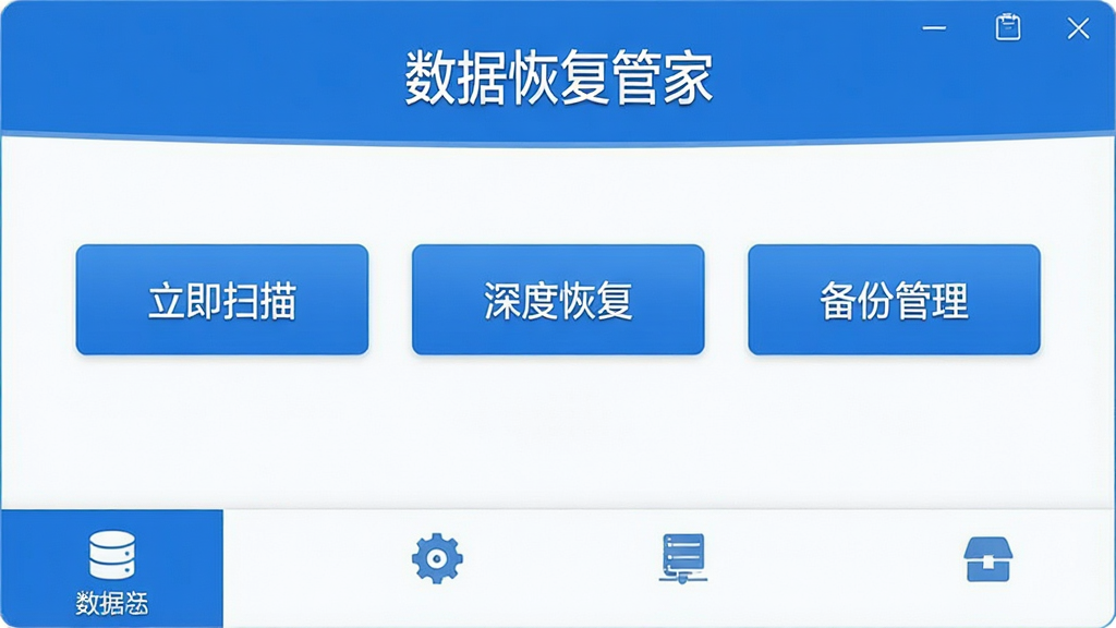 一张展示数据恢复管家软件主界面的高清截图,界面以蓝色为主色调,顶部显示“数据恢复管家”字样,中间有“立即扫描”、“深度恢复”、“备份管理”三个大按钮,底部是功能菜单图标,整体风格简洁现代,UI设计精美,画质清晰干净无多余元素