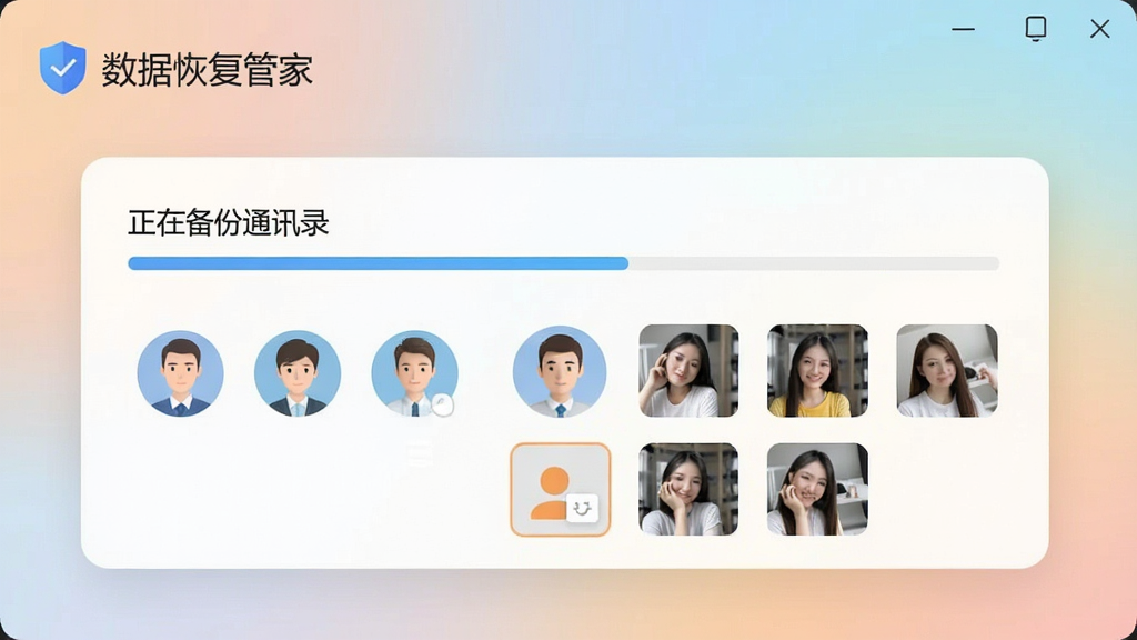一张展示数据恢复管家备份过程的界面截图,界面中显示“正在备份通讯录”的进度条,旁边有联系人头像图标和照片缩略图,背景为柔和的渐变色,整体布局清晰,画质干净,突出“数据恢复管家”的品牌名称