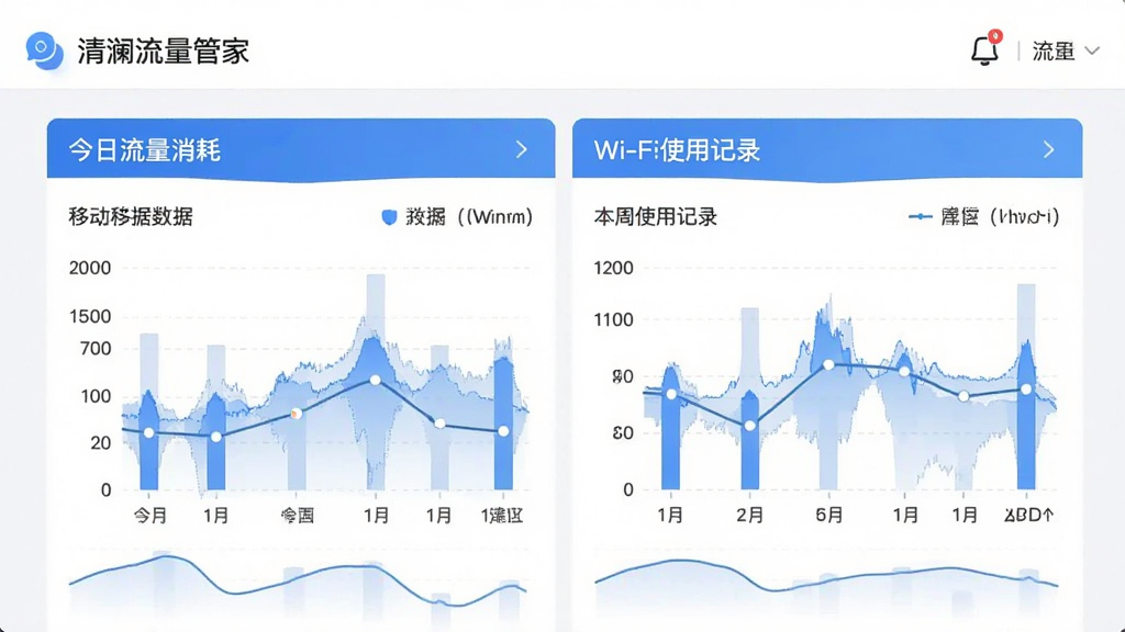清澜流量管家主界面预览图,展示今日与本周流量消耗图表,清晰区分移动数据与Wi-Fi使用记录,界面风格简洁现代,以蓝白为主色调,图表数据可视化呈现,排版整齐有序,画质高清干净无多余元素