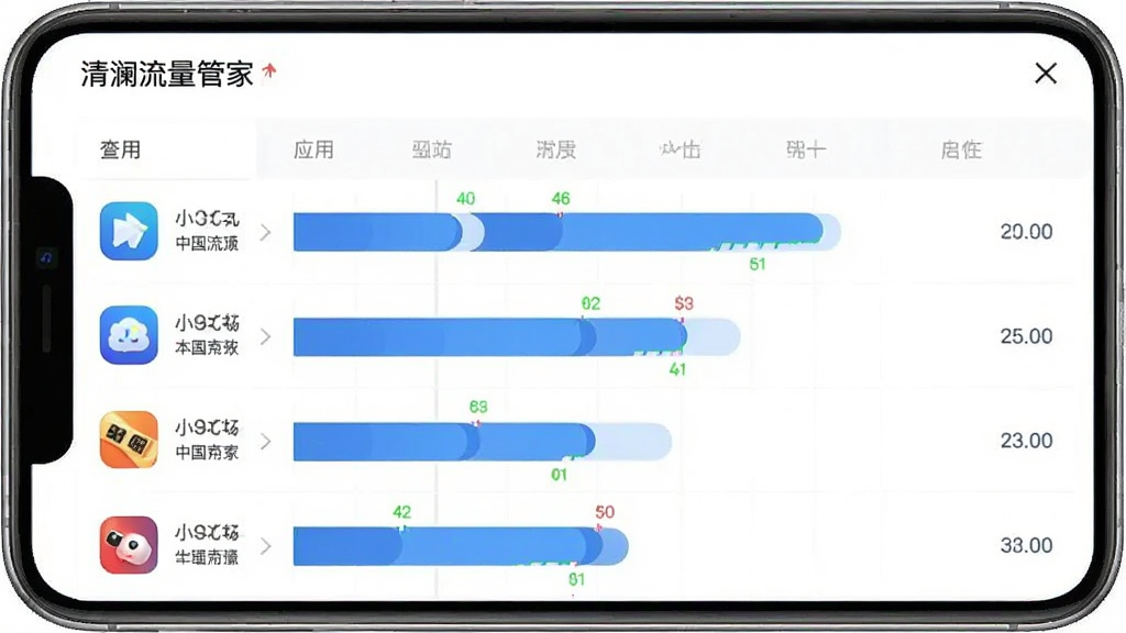 清澜流量管家应用流量排行界面,展示各应用流量占用列表,条形图对比显示,应用图标清晰,数据排列整齐,界面简洁,画质干净