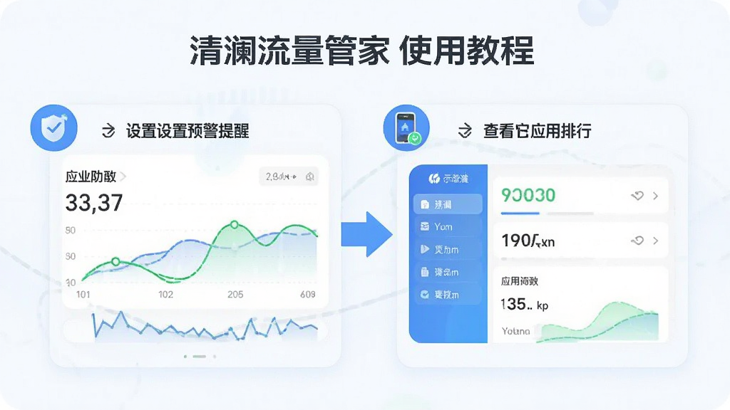 清澜流量管家使用教程示意图,展示设置预警提醒和查看应用排行的步骤,界面清晰,步骤标注明确,画质干净