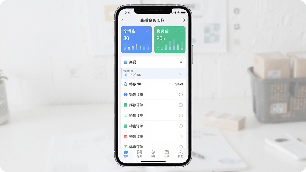辛巴手机通软件界面预览,主体为手机屏幕展示进销存管理界面,布局上方为数据统计卡片,中间为功能菜单列表,下方为底部导航栏,排版整洁清晰,风格现代简约,细节包含商品列表、库存数量、销售订单等元素,画质高清干净,无多余元素