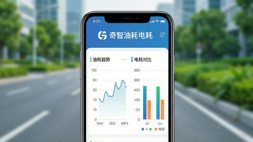 画面主体为一部智能手机屏幕展示奇智油耗电耗主界面,屏幕上方显示“奇智油耗电耗”字样及品牌LOGO,界面布局清晰展示油耗趋势折线图与电耗柱状对比图,背景为模糊处理的现代城市道路与绿色植被,整体风格简约明亮,采用扁平化设计,细节丰富,画质高清干净,无多余元素